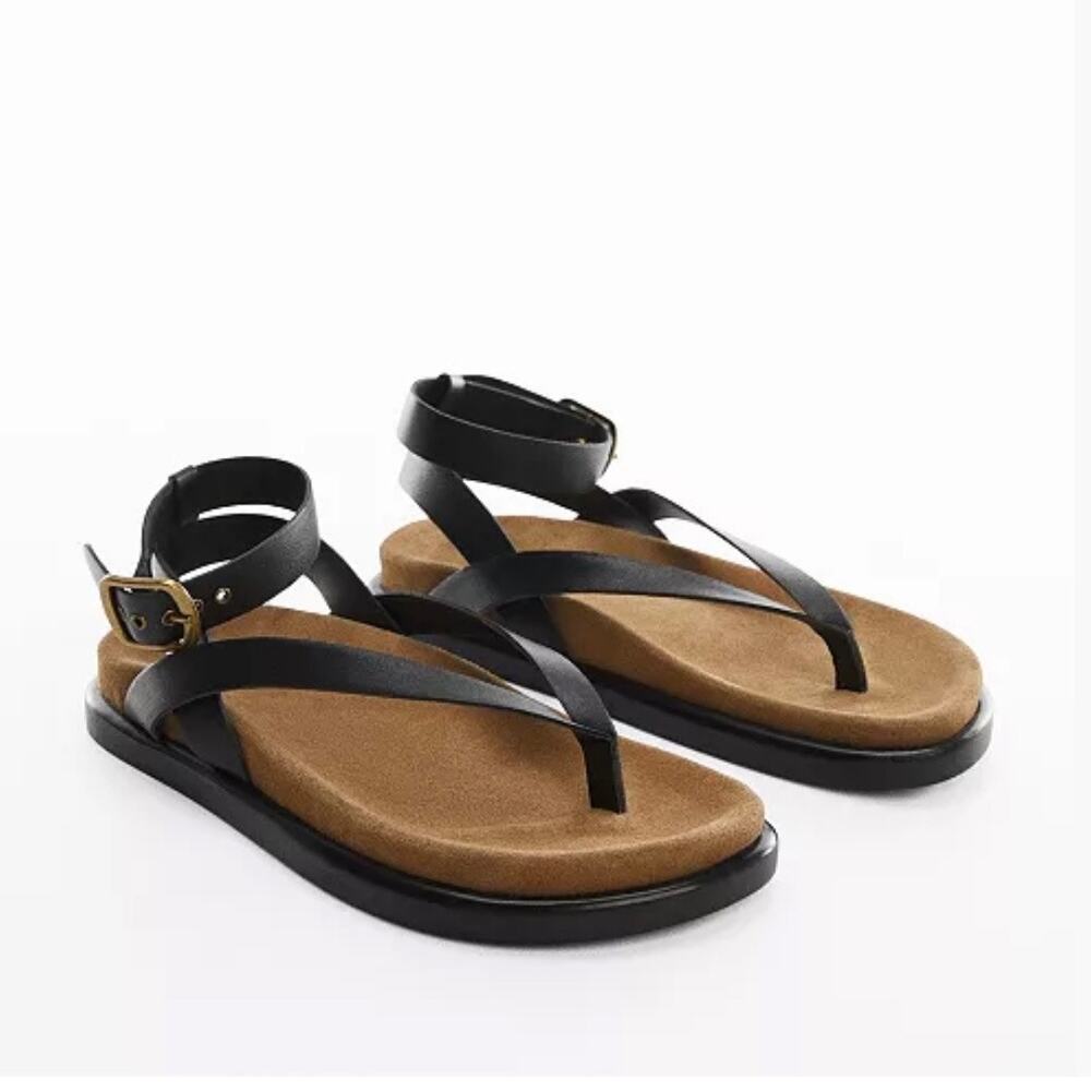 Mango Buckle Leather Sandals Black Ankle Strap Flat Sandals EU 37 US 6.5